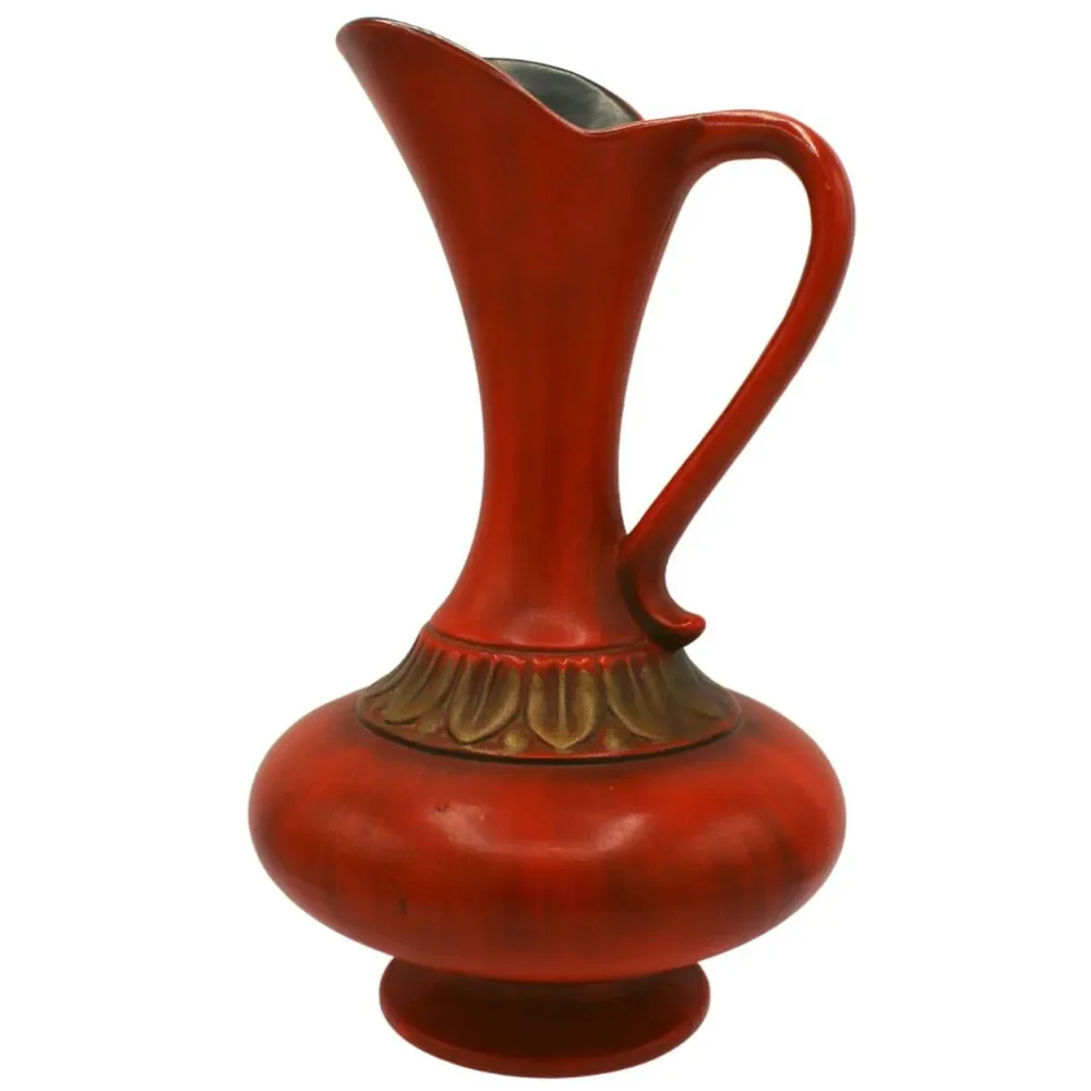Vintage Haeger Pottery Red Matte Grecian Ewer Pitcher Gold Accents Mid Century